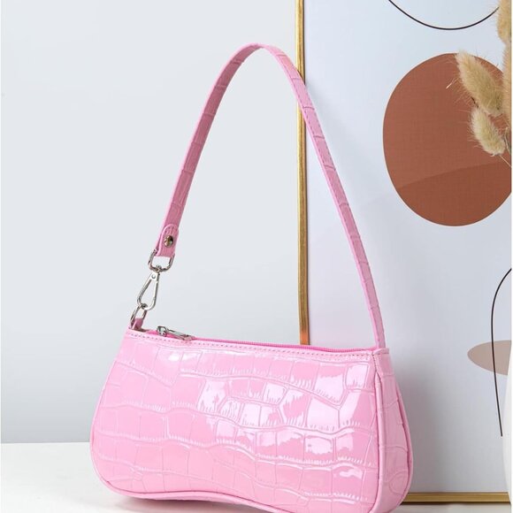 Pink Crocodile Print Zipper Closure Casual Women's Shoulder Bag with Top Handle, - Picture 2 of 5